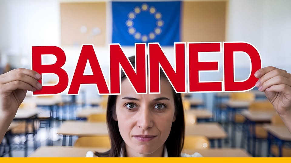 A woman in a classroom setting holding a sign that reads BANNED, representing AI policy debates in education