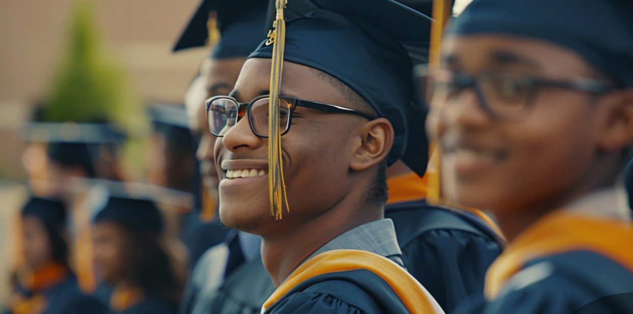 African university students in graduation caps and gowns celebrating academic achievement